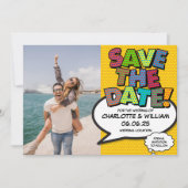 Moderne Funny Comic Book Foto Save The Date Kaart (Voorkant)