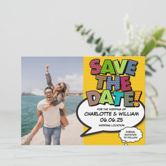 Moderne Funny Comic Book Foto Save The Date Kaart (Staand voorkant)