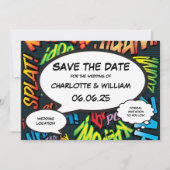 Moderne Funny Comic Book Trouwfoto Save The Date (Voorkant)