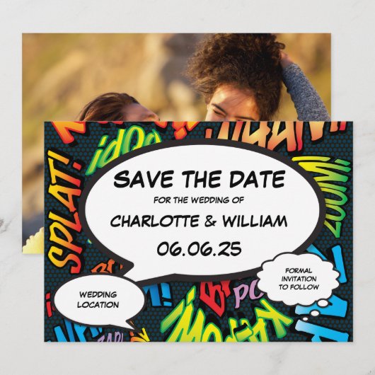 Moderne Funny Comic Book Trouwfoto Save The Date (Voorkant / Achterkant)