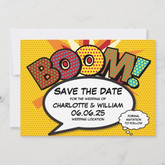 Moderne Funny Comic Book Trouwkaart Save The Date (Voorkant)