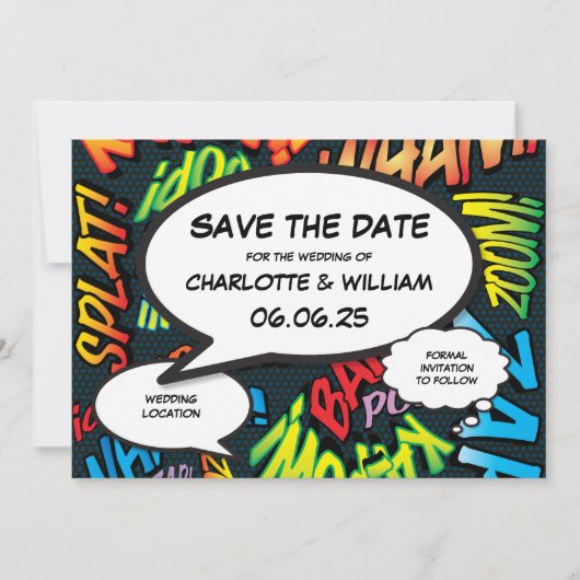 Moderne Funny Comicbook Trouwkaart Save The Date (Voorkant)