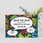Moderne Funny Comicbook Trouwkaart Save The Date (Staand voorkant)
