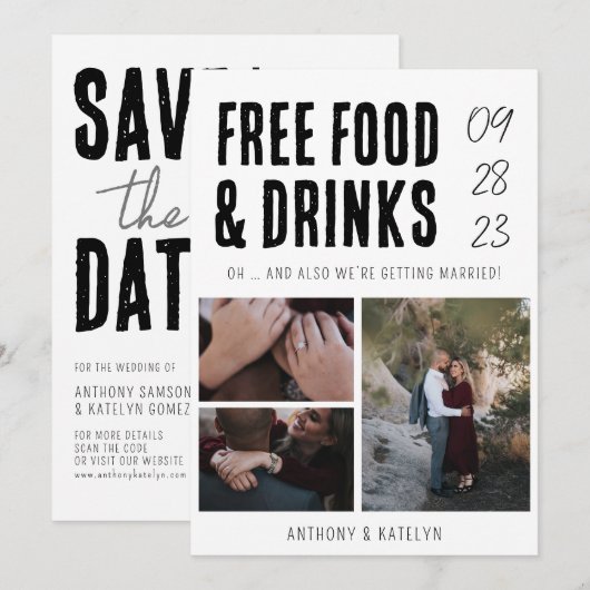 Moderne Funny Free Food & Drink Wedding 3 Foto Save The Date (Voorkant / Achterkant)