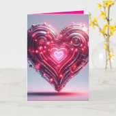 Moderne Futuristische Glanzende Roze Hart Kaart (Gele Bloem)