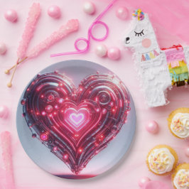 Moderne futuristische gloeiende roze hart papieren bordje