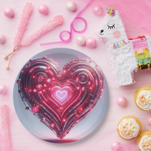 Moderne futuristische gloeiende roze hart papieren bordje (Feest)