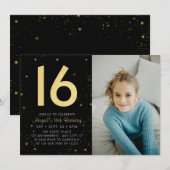 Moderne Galaxy Foto Zwart Goud 16e Verjaardagsfees Kaart (Voorkant / Achterkant)
