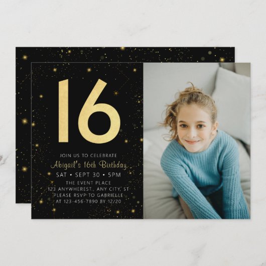 Moderne Galaxy Foto Zwart Goud 16e Verjaardagsfees Kaart (Voorkant / Achterkant)