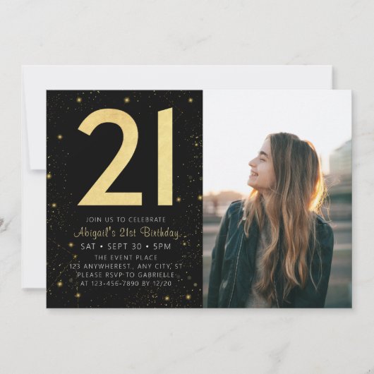 Moderne Galaxy Foto Zwart Goud 21e Verjaardagsfees Kaart (Voorkant)