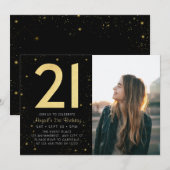 Moderne Galaxy Foto Zwart Goud 21e Verjaardagsfees Kaart (Voorkant / Achterkant)