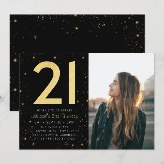 Moderne Galaxy Foto Zwart Goud 21e Verjaardagsfees Kaart (Voorkant / Achterkant)