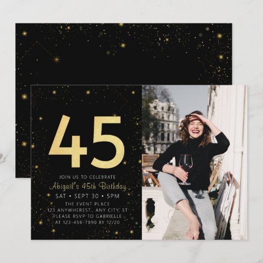 Moderne Galaxy Foto Zwart Goud 45e Verjaardagsfees Kaart (Voorkant / Achterkant)