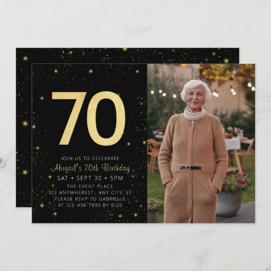 Moderne Galaxy Foto Zwart Goud 70e Verjaardagsfees Kaart (Voorkant / Achterkant)