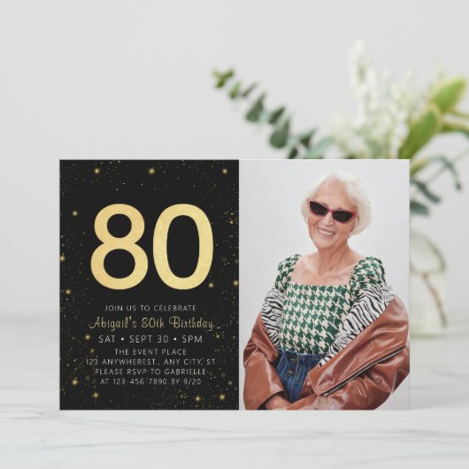Moderne Galaxy Foto Zwart Goud 80e Verjaardagsfees Kaart (Staand voorkant)