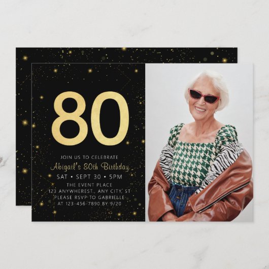 Moderne Galaxy Foto Zwart Goud 80e Verjaardagsfees Kaart (Voorkant / Achterkant)