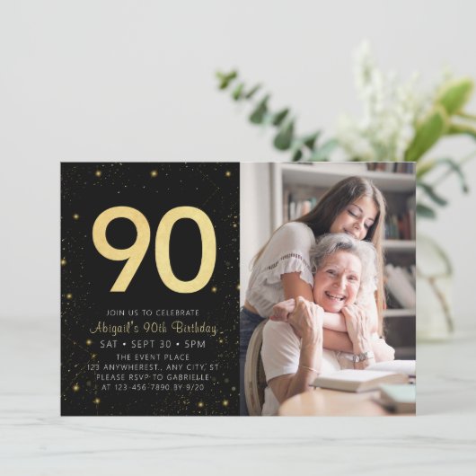 Moderne Galaxy Foto Zwart Goud 90e Verjaardagsfees Kaart (Staand voorkant)