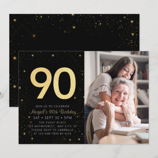 Moderne Galaxy Foto Zwart Goud 90e Verjaardagsfees Kaart (Voorkant / Achterkant)