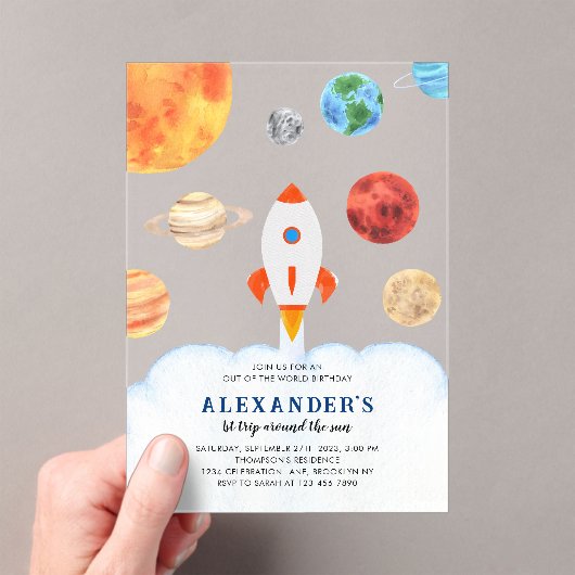 Moderne Galaxy Planets Space Rocket Kids Verjaarda Acryl Uitnodigingen (Insitu (Draagbaar))