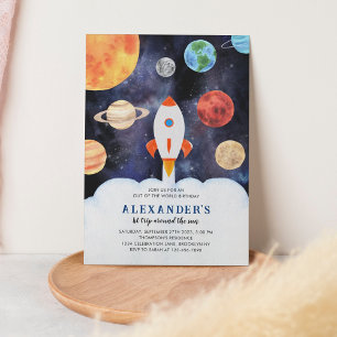 Moderne Galaxy Planets Space Rocket Kids Verjaarda Kaart