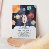 Moderne Galaxy Planets Space Rocket Kids Verjaarda Kaart