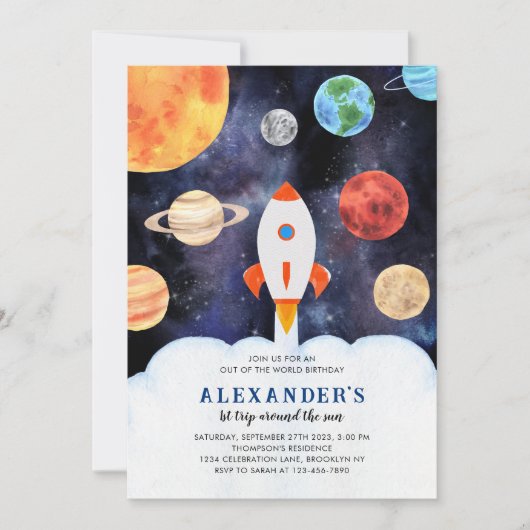 Moderne Galaxy Planets Space Rocket Kids Verjaarda Kaart (Voorkant)