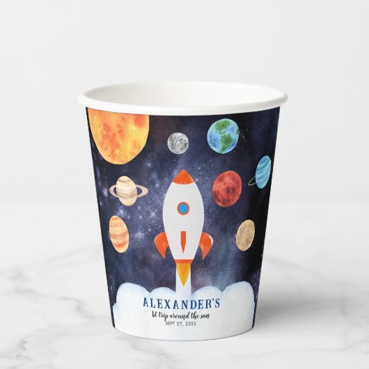 Moderne Galaxy Planets Space Rocket Kids Verjaarda Papieren Bekers (Voorkant)