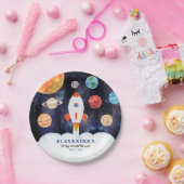Moderne Galaxy Planets Space Rocket Kids Verjaarda Papieren Bordje (Feest)