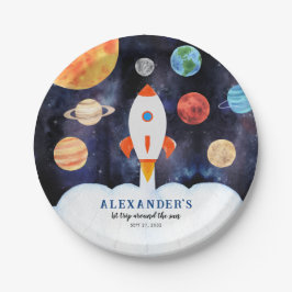 Moderne Galaxy Planets Space Rocket Kids Verjaarda Papieren Bordje