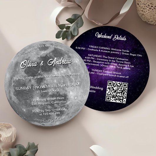 Moderne Galaxy QR Code Volle Maan Bruiloft Kaart
