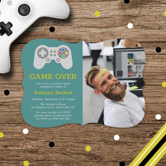 Moderne 'Game Over' Foto Bachelorfeest Uitnodiging
