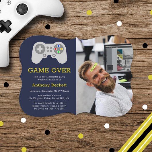Moderne 'Game Over' Foto Bachelorfeest Uitnodiging