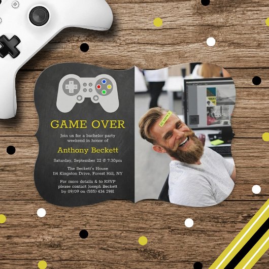 Moderne 'Game Over' Foto Bachelorfeest Uitnodiging