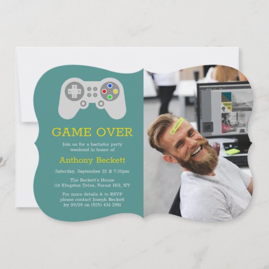 Moderne 'Game Over' Foto Bachelorfeest Uitnodiging (Voorkant)