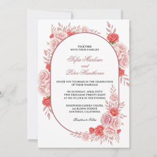 Moderne Gebogen Frame Roze Roos Bloemige Bruiloft Kaart