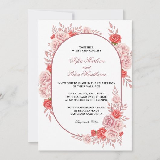 Moderne Gebogen Frame Roze Roos Bloemige Bruiloft Kaart (Voorkant)