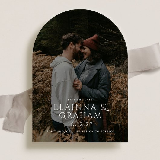 Moderne Gebogen Trouwfoto Bewaar de Datum Kaart