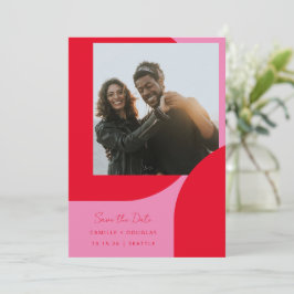 Moderne, gebold geometrisch unieke, roze rode foto save the date