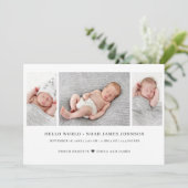 Moderne geboorteaankondiging met 3 foto's aankondiging (Staand voorkant)