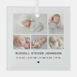 Moderne geboorteaankondiging met 5 foto's glas ornament