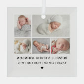 Moderne geboorteaankondiging met 5 foto's glas ornament (Achterkant)