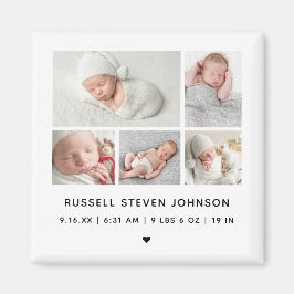 Moderne geboorteaankondiging met 5 foto's in raste magneet