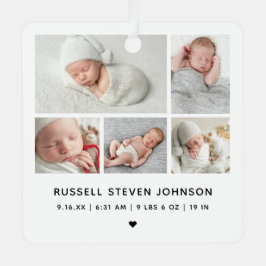 Moderne geboorteaankondiging met 5 foto's metalen ornament