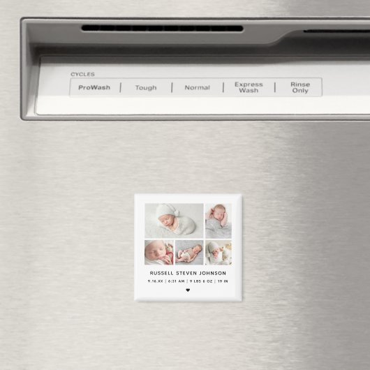 Moderne geboorteaankondiging met 5 foto's op een r magneet (Insitu (Vaatwasser))