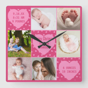 Moderne geboorteaankondiging voor babymeisje met 6 vierkante klok