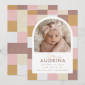 Moderne Geboortefotoaankondiging met geruit patroo Aankondiging (Voorkant / Achterkant)