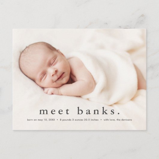 Moderne geboortekaart met babyfoto en naam briefkaart (Voorkant)