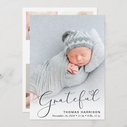 Moderne Geboortekaart met foto collage en dankbaar Aankondiging (Voorkant / Achterkant)