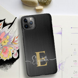 Moderne Geborstelde Metalen Zwarte Gouden Monogram iPhone 16 Hoesje
