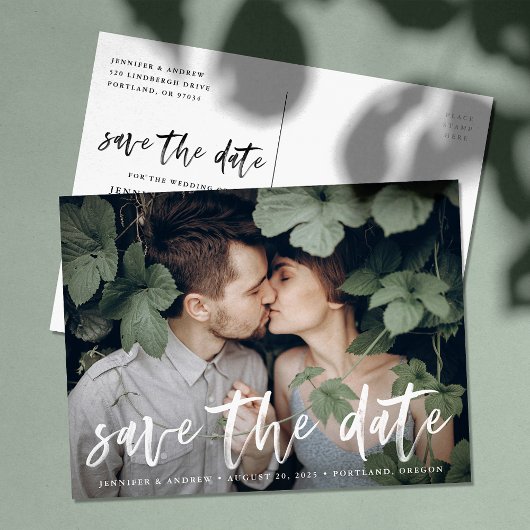 Moderne Geborstelde Script Foto Save The Date Aankondigingskaart